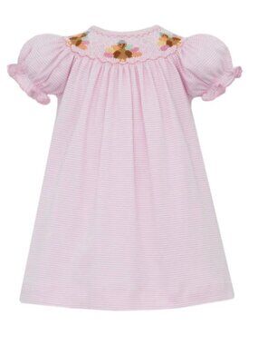 Petit Bebe Knits Girls Pink Striped Knit Bishop Dress - Smocked Turkeys